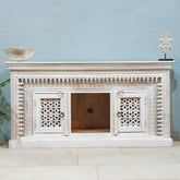 Indian Mandala Hand Carved Solid Wood Tv Unit 150X40X75 Cm White